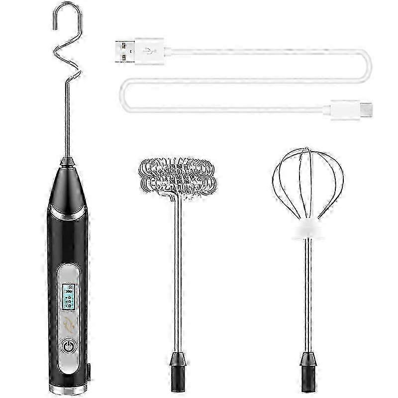 Milk Frother, USB Rechargeable LCD Hand Mixer with 3 Stainless Steel Whisk, 3 Speeds Handheld Frother Whisk, Electric JP