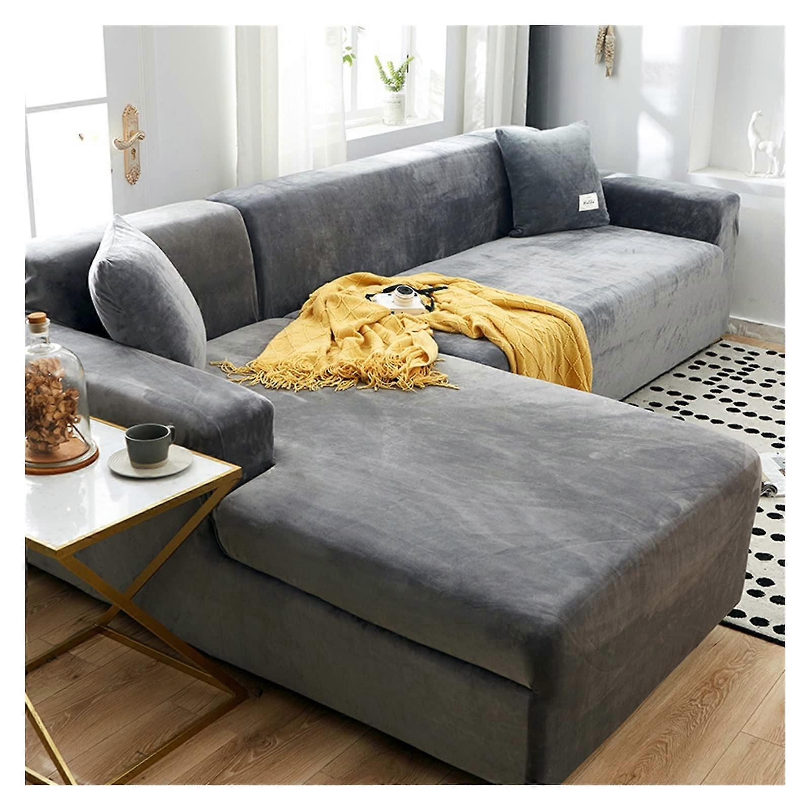 Velvet Plush L Shaped Sofa Cover Elastic Couch Slipcover For Chaise Longue Corner Sofa 2-Seater 145-185cm Color9