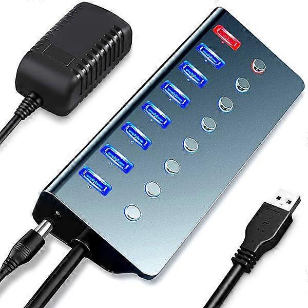 Aktiver USB-Hub, 7-Port-USB-Hub mit Netzteil 3.0| Multi-USB-Port-Expander mit Ein-/Ausschaltern