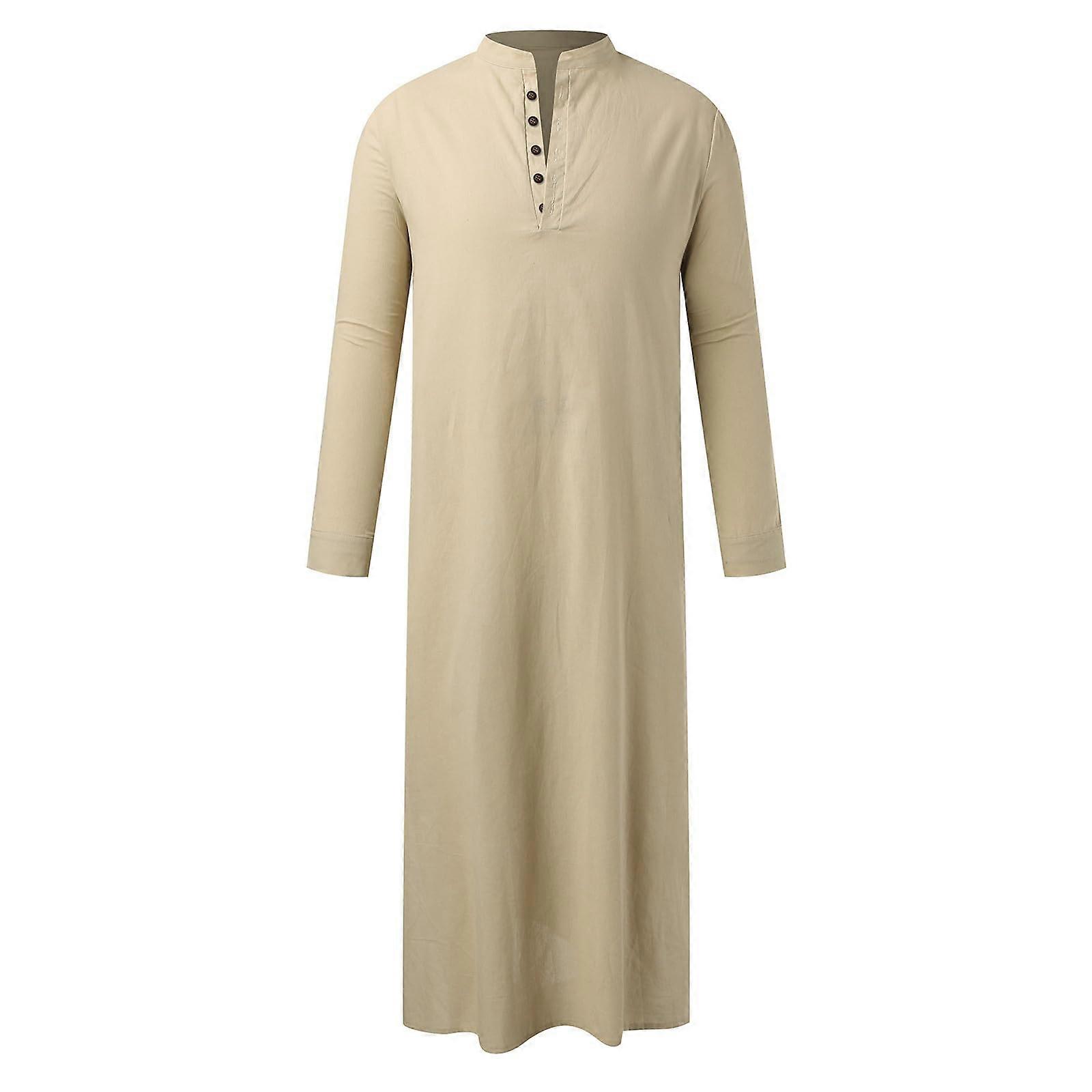 Muslim Robe Men Thobe Long Sleeve Dubai Style With Ramadan Side Split Prayer Wear Kaftan Buttons Pockets