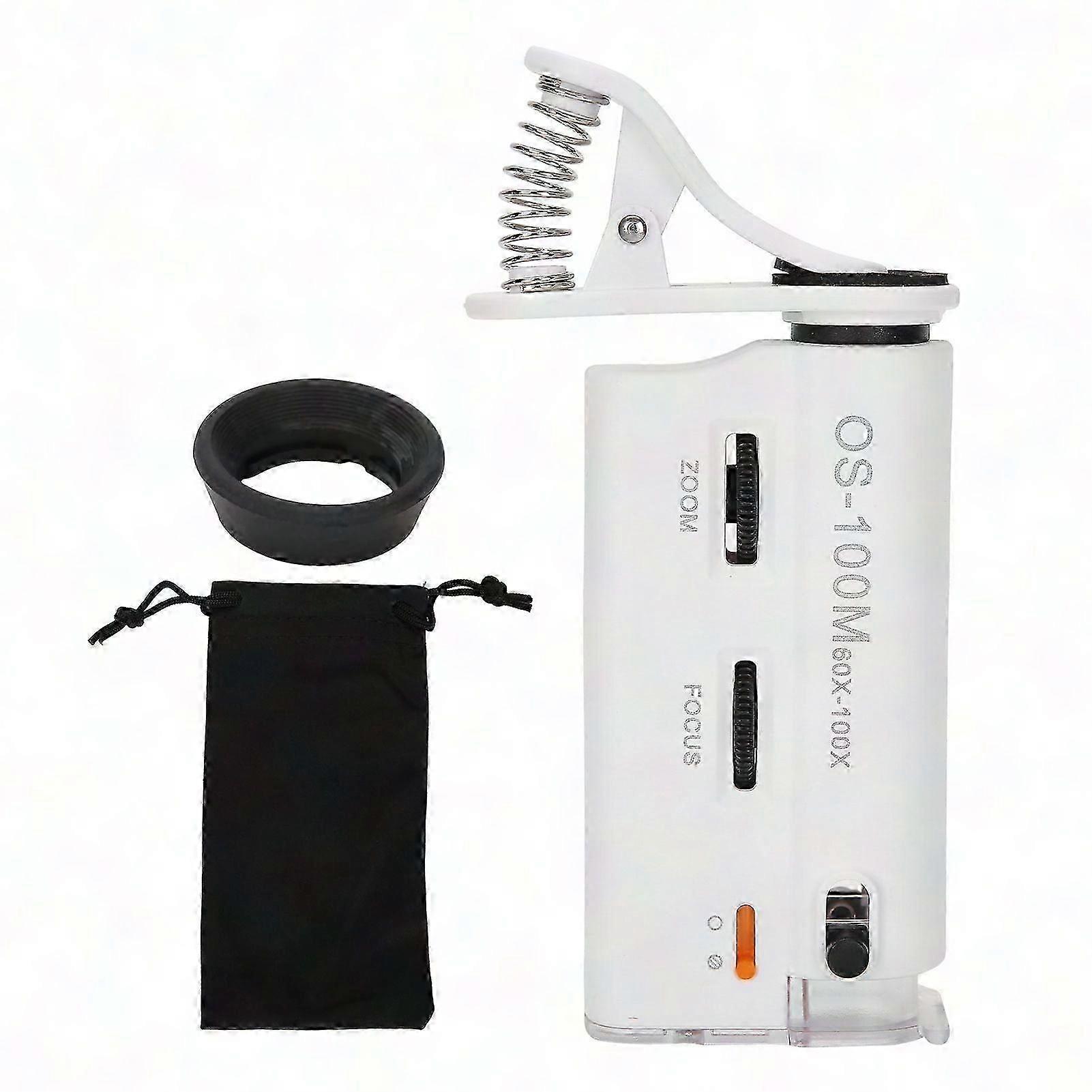 60X100X Portable Smartphone Microscope with LED UV Light - Clip-On Magnifying Glass for Mobile Phones