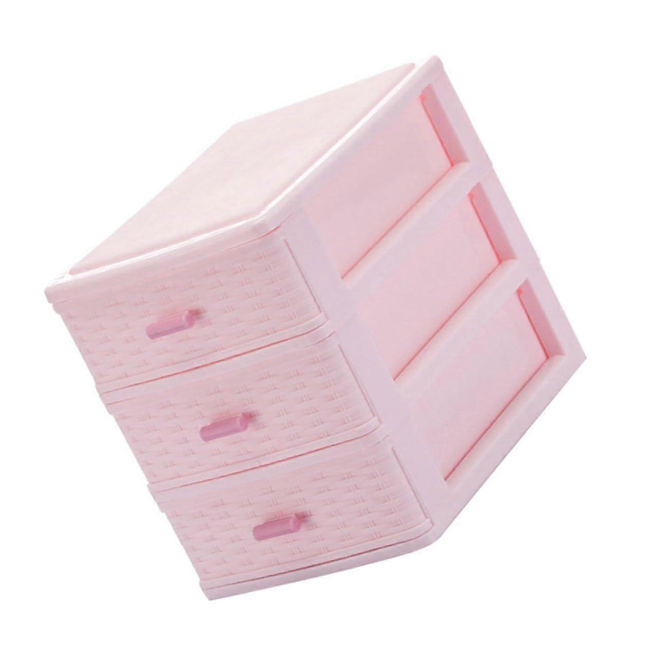 Storage Box Desktop Organizer 3-Layer Plastic Drawer Unit for Makeup and Stationery, Small Pink 17x15.2cm