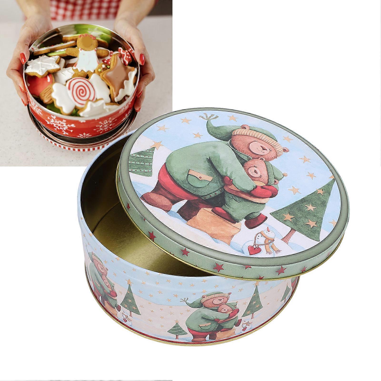 Cute Elegant Round Iron Xmas Cookie Tin with Bear Pattern Storage