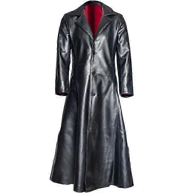 Plus Size Men's Solid Color Lapel Skinny Button PU Long Leather Jacket