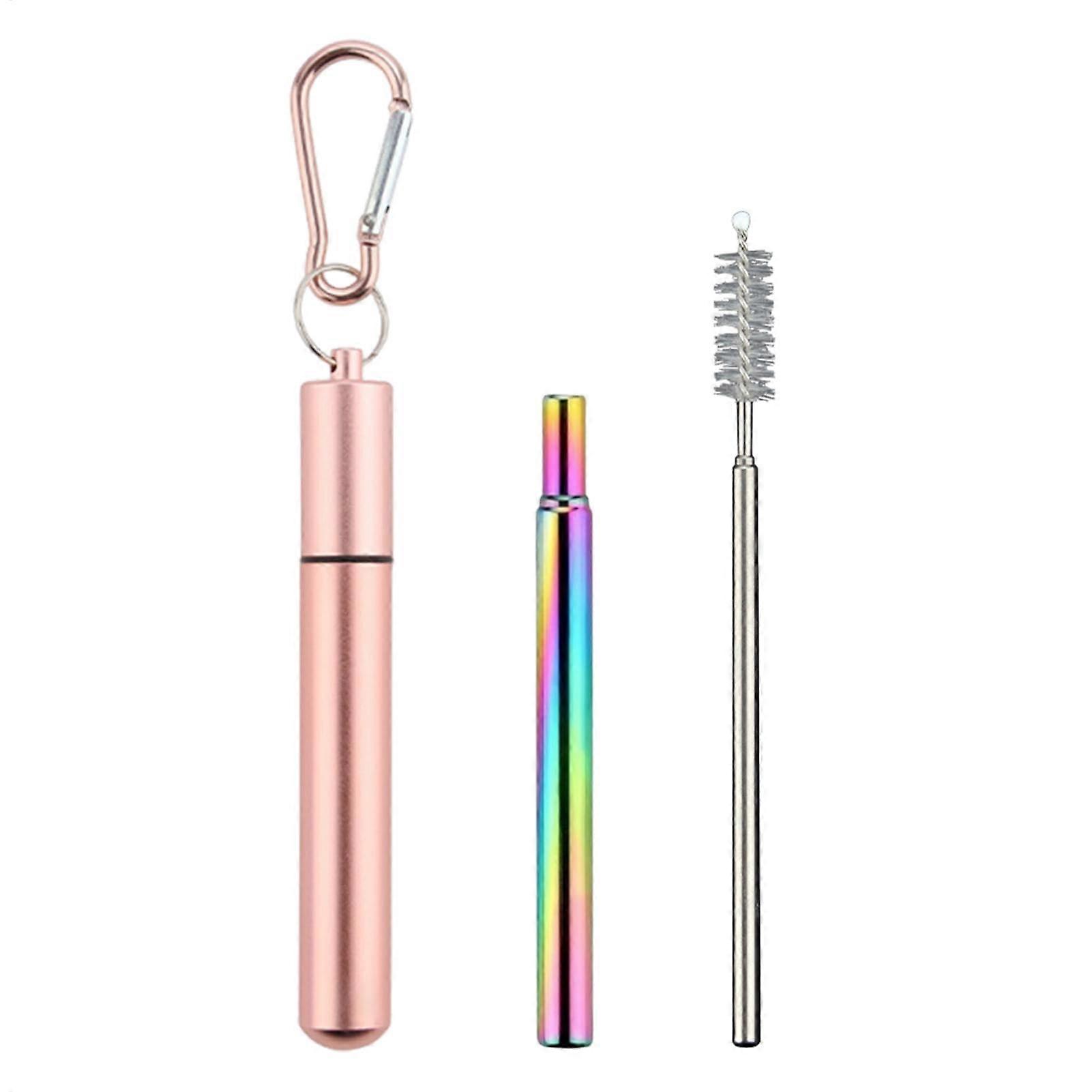 Stainless Steel Straws Telescopic Reusable Drinking Straw Portable Collapsible Keyring Case Cleaning Brush Carabiner Gold