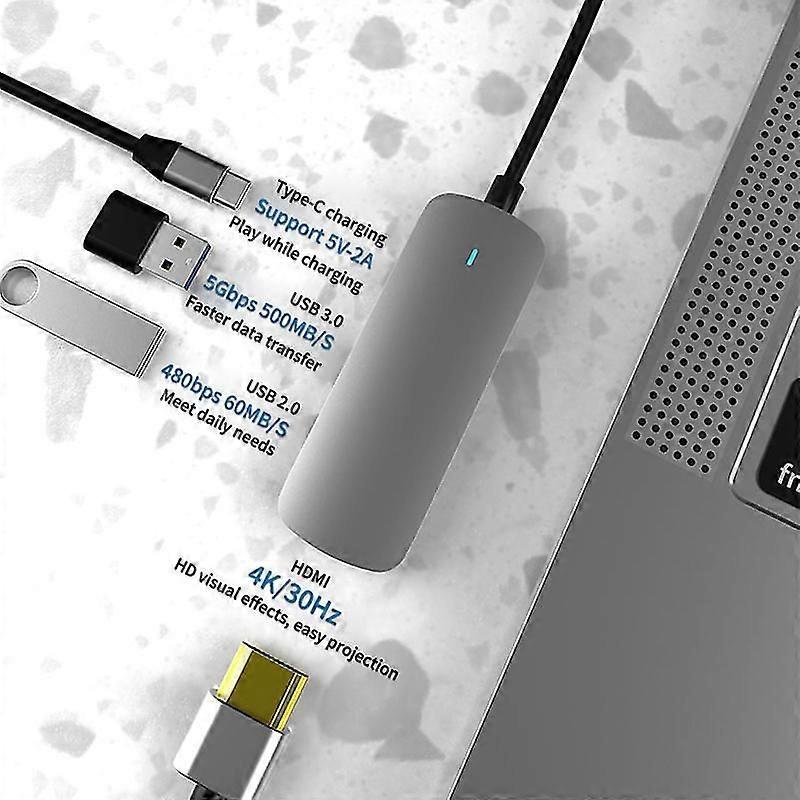 Grey 4 in 1 Type-C HUB for Phone Computer USB3.0 USB2.0 HDMI USB-C Power Adapter
