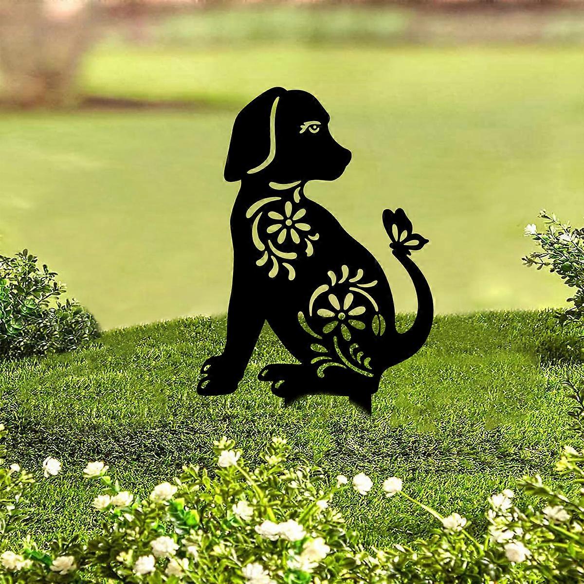 1PC Floral Dog Metal Garden Stake Ornament Sculpture for Lawn Yard