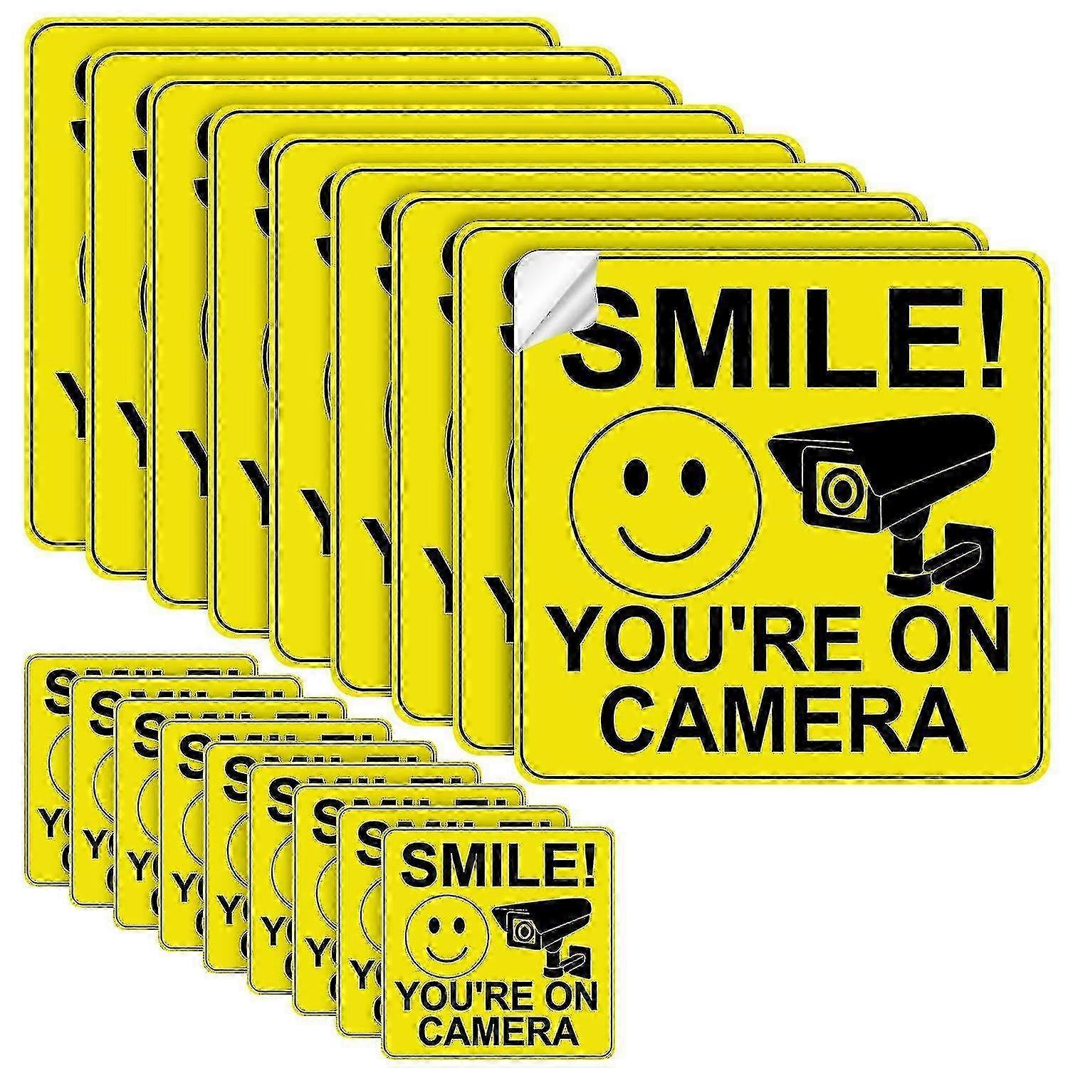 20 Pieces Smile You're On Camera Sticker Self-adhesive 24 Hour Video Surveillance Sign Sticker Uv Protected And Waterproof For Cctv Security Camera, I