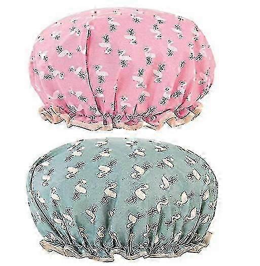 Shower Caps 2 Pack Waterproof Double Layers Caps Elastic,flamingo