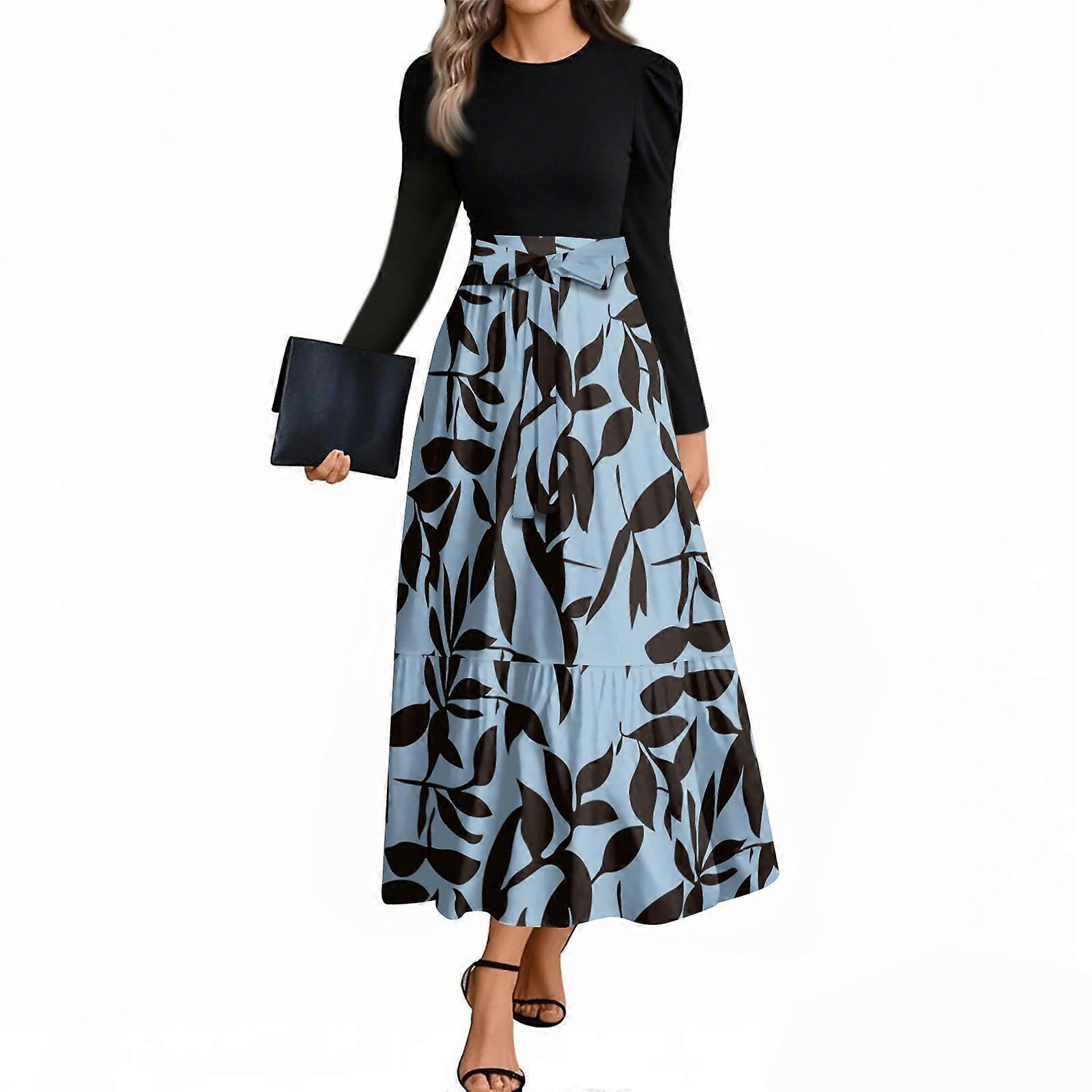 Women's dress autumn and winter striped patchwork waist slim A-line maxi  dress Blue XL | Fruugo IL