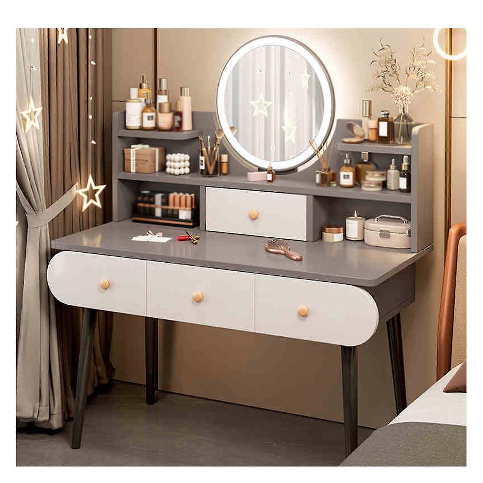 Dressing Table With LED Lights Vanity Desk Mirror Four Drawers Gray Rounded Corner Safety TriColor Adjustable Lights