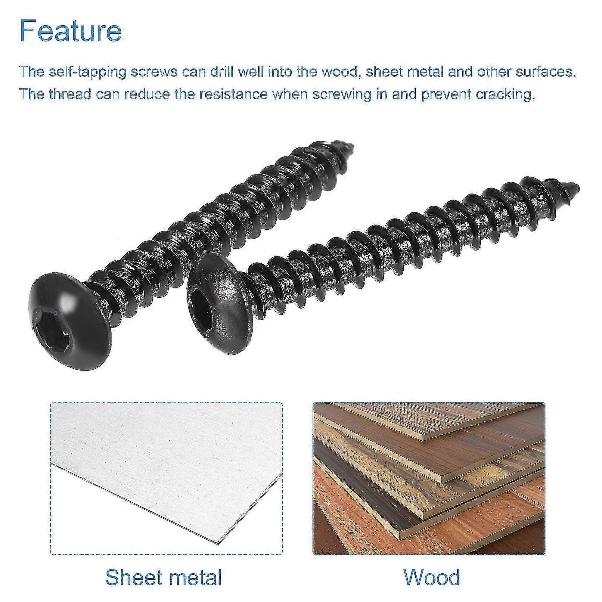 sourcing map Hex Socket Self Tapping Screws M4 x 30mm Carbon Steel Wood Screws 50pcs