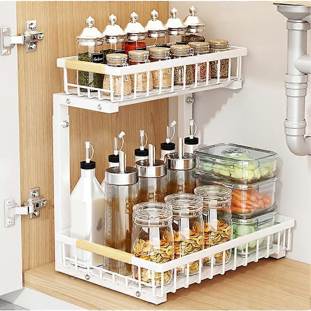 Under Sink Organizer and Spice Rack, 2Tier Adjustable LShaped Shelf with Smooth Sliding Baskets for Kitchen Countertop, Black
