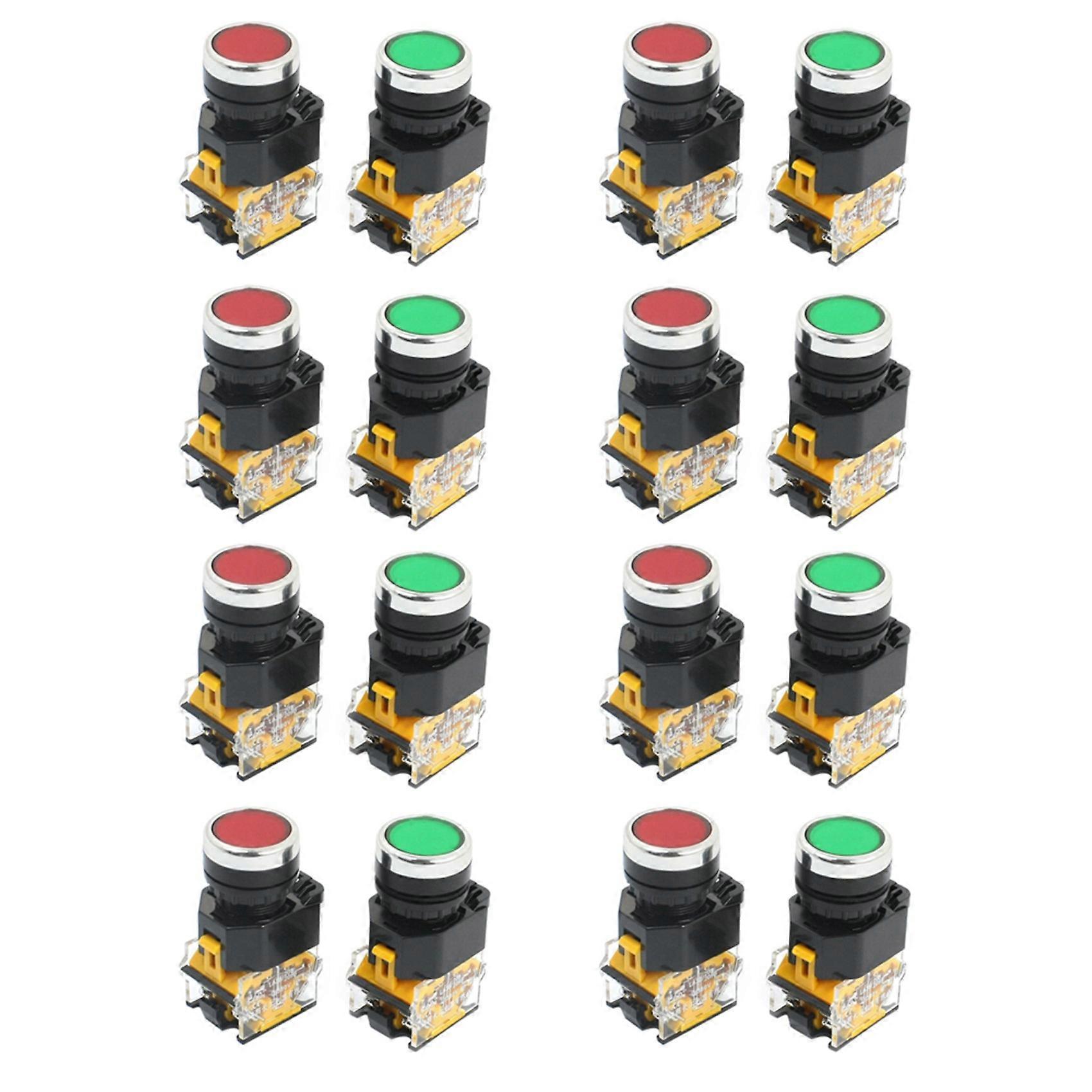 16Pcs 22mm Mount 10A 380V DPST Red Green Momentary Push Button Switch