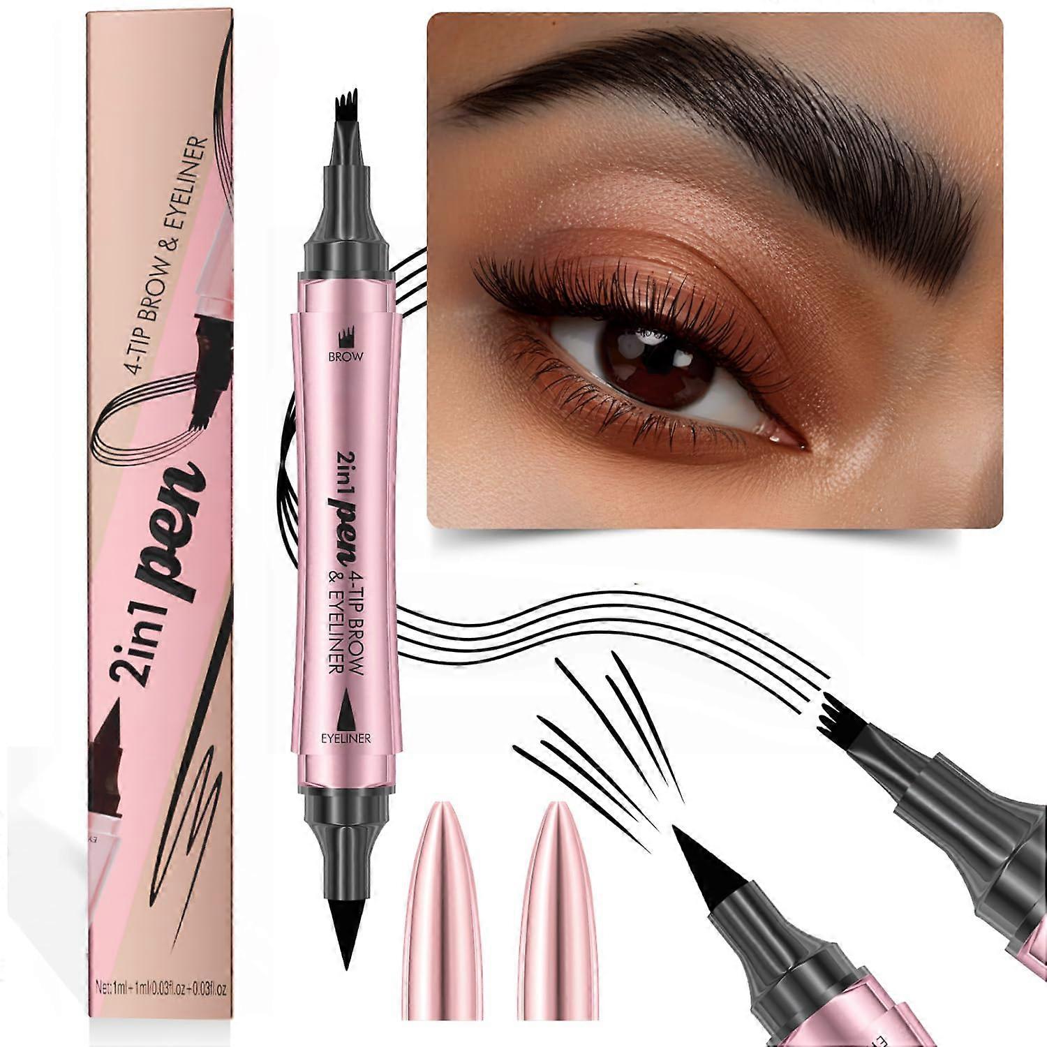Waterproof Dual Ended Eyebrow Pencil with Fork Tip Microblading Pen and Eyeliner 04 Black