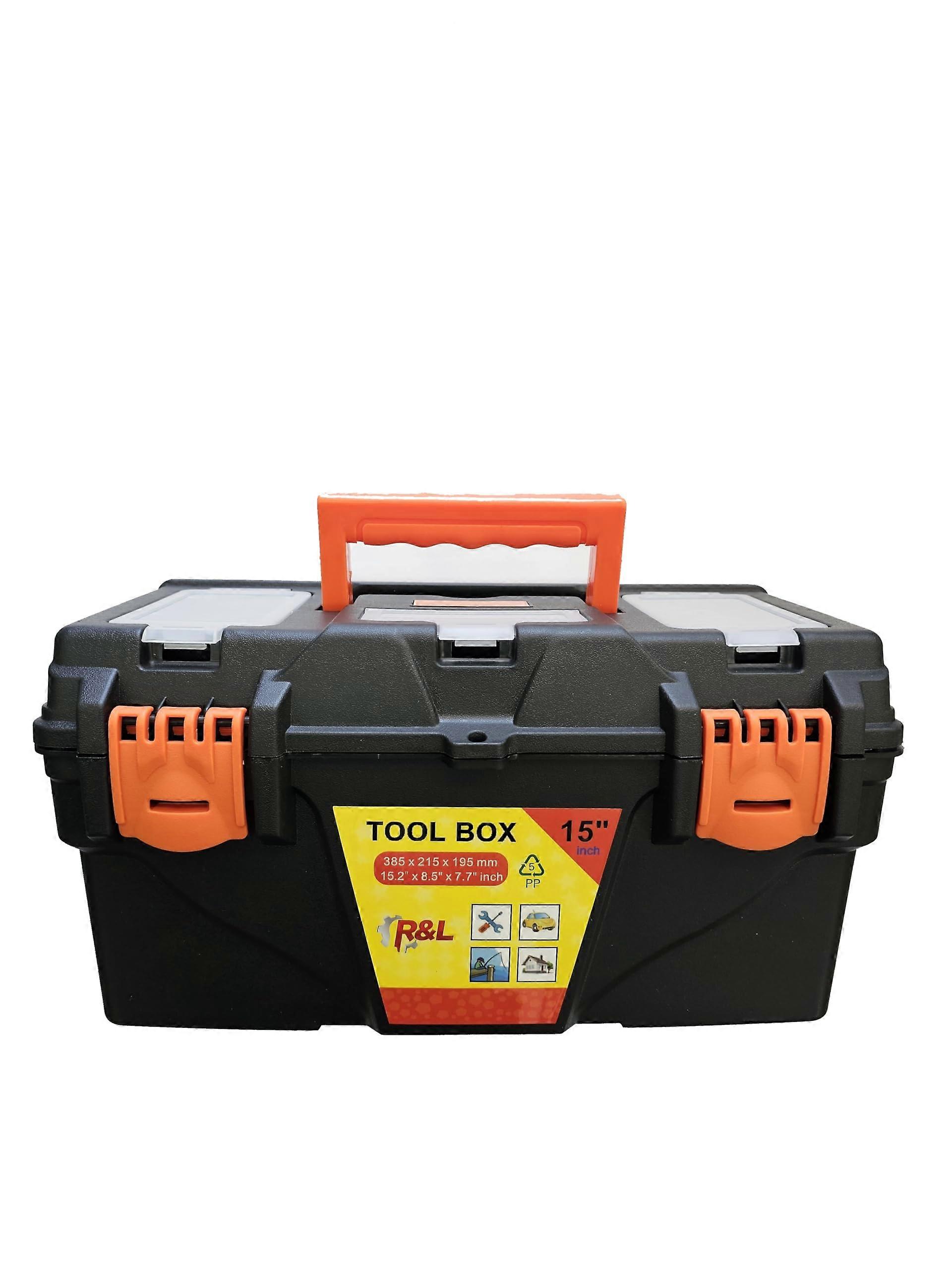 15 Inch Plastic Tool Box with Removable Tray and Lid Compartments for DIY and Construction
