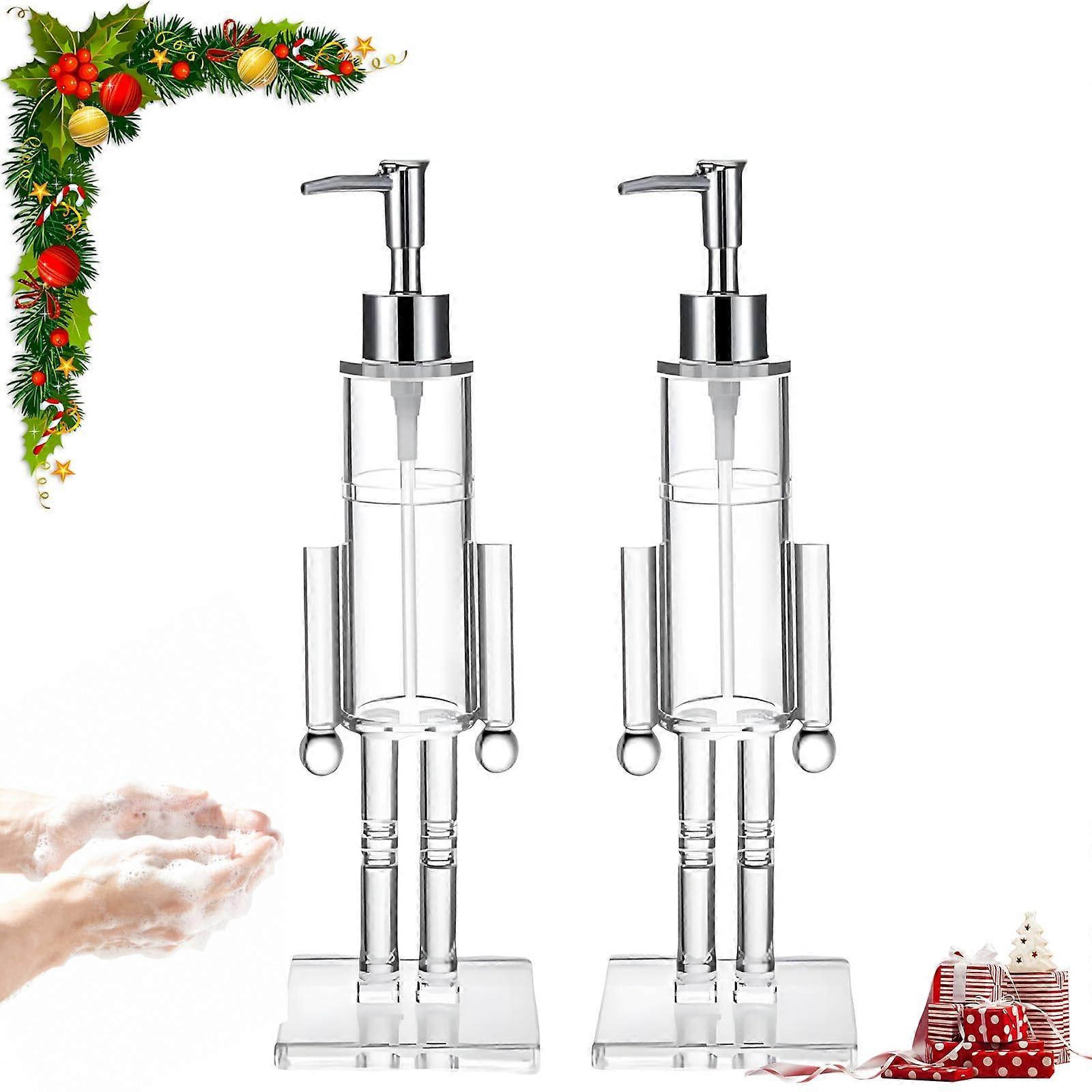2 Pack Nutcracker Christmas Soap Dispenser with Clear Acrylic, Refillable Holiday Lotion Pump 300ml