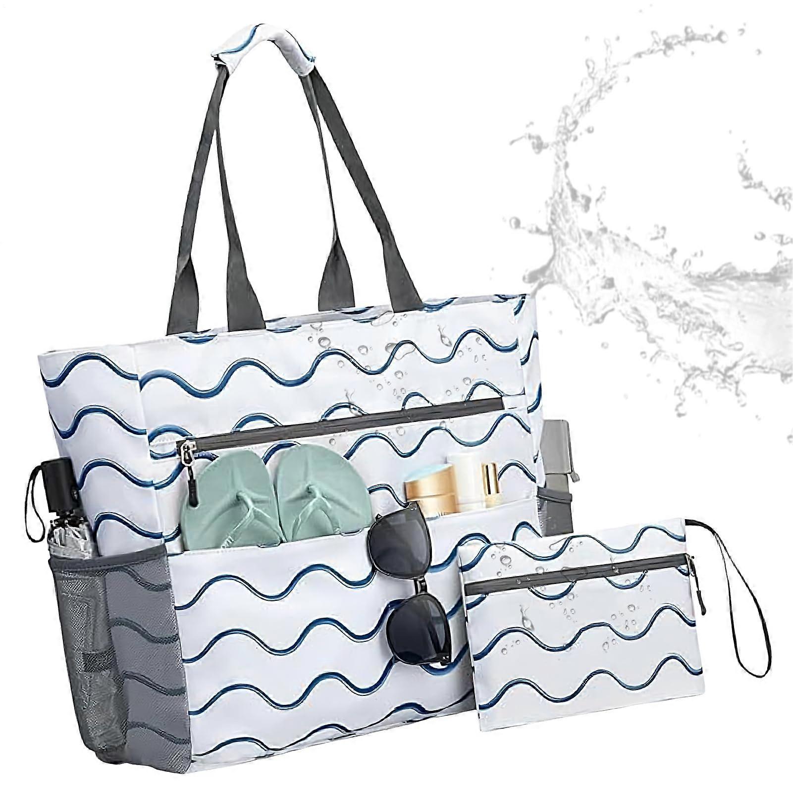 Large Waterproof Beach Bag with Zipper, Foldable Tote with Multiple Pockets for Travel and Camping