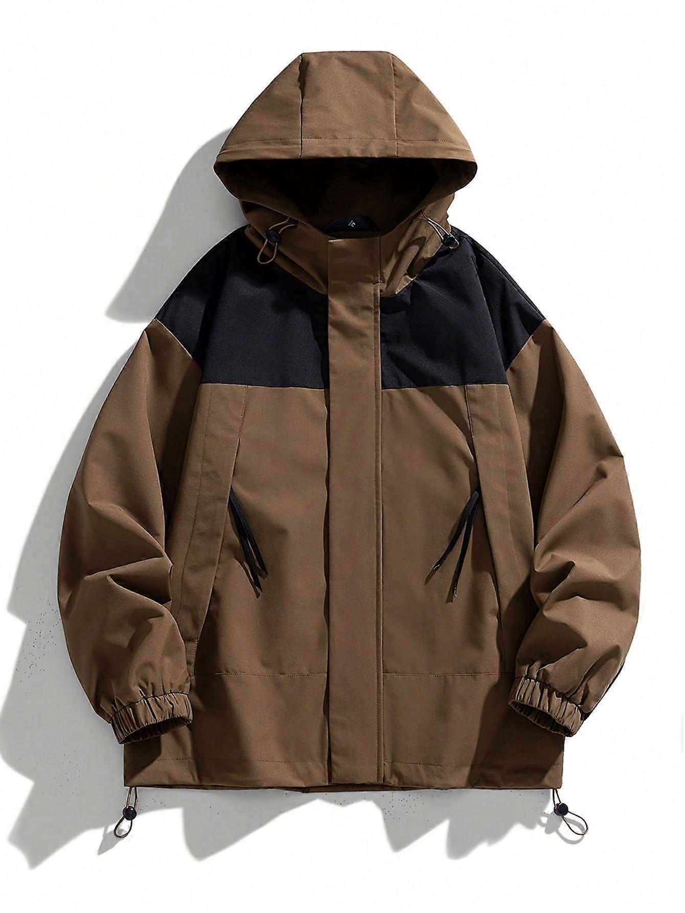 Men Two Tone Drawstring Hem Hooded Jacket