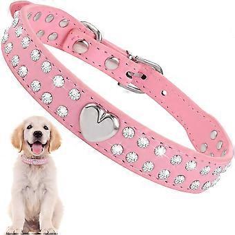 Dww-((PU) S: 37*2,0cm) Verstellbares Kunstlederhalsband mit Strasssteinen für kleine und mittelgroße Hunde und Katzen