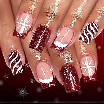 Christmas Press-On Nails Medium Square Red and White Holiday Design Reusable 12-Size Kit