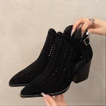 Damesschoenen met vierkant hak, trendy laarsjes met spitse neus, gemaakt van suède, met een open metalen gesp, antislip en slijtvast, enkellaarsjes.