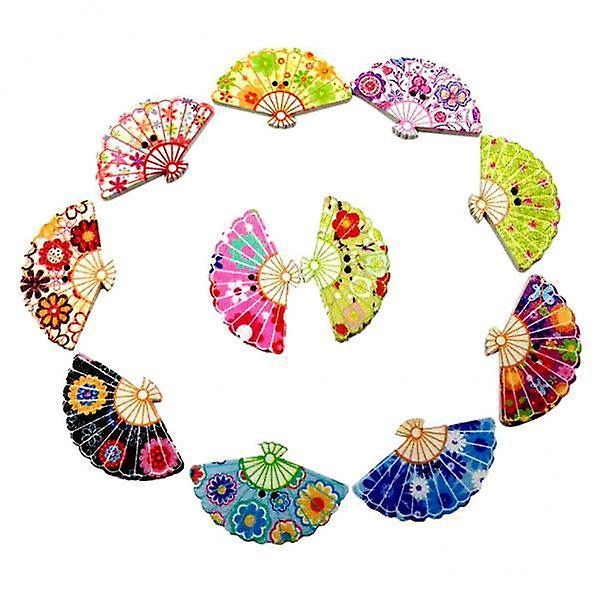 4x100Pcs Mixed Color Printed Fan Shape Wooden Buttons with Hole DIY Craft
