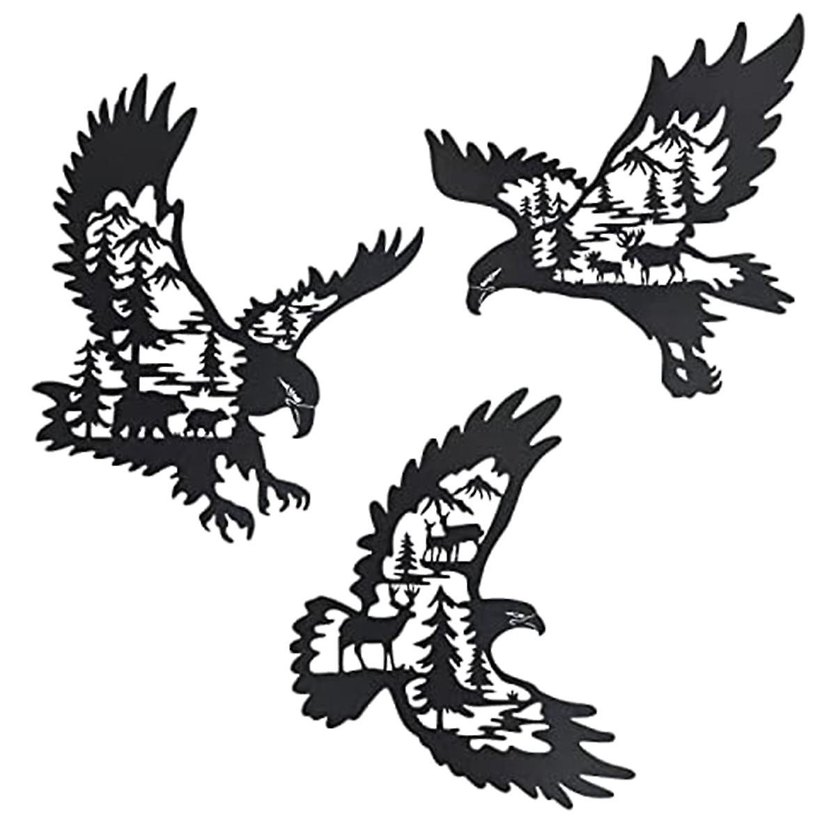 Metal Eagle Wall Art Decor Set of 3, Bald Eagle Wall Decor with Bear Deer Silhouette Pattern, Fores