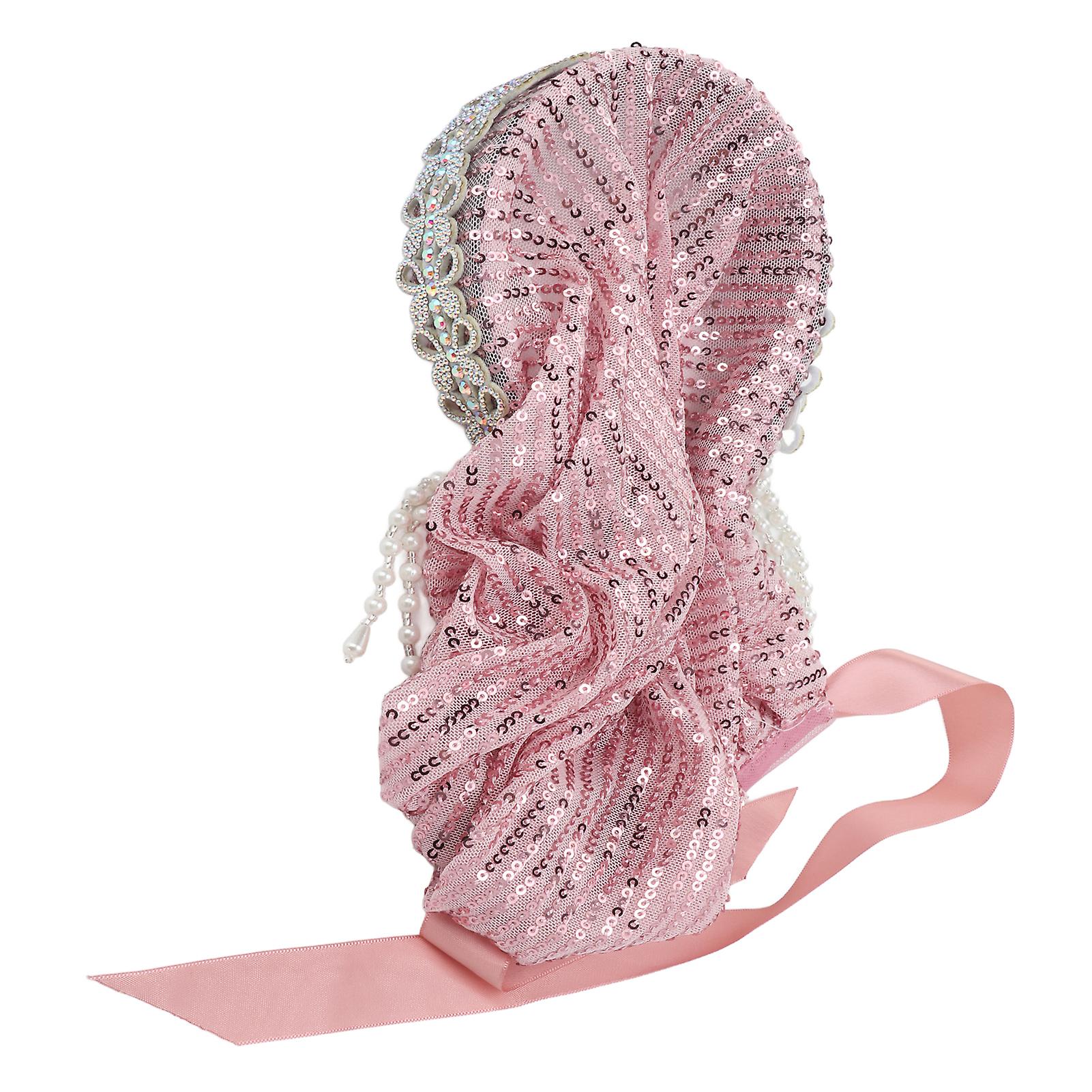 Hijab for Women Elegant Elastic Flexible Soft Silky Hot Rhinestones Bow Muslim Headband Women's Hat HeadscarfPink