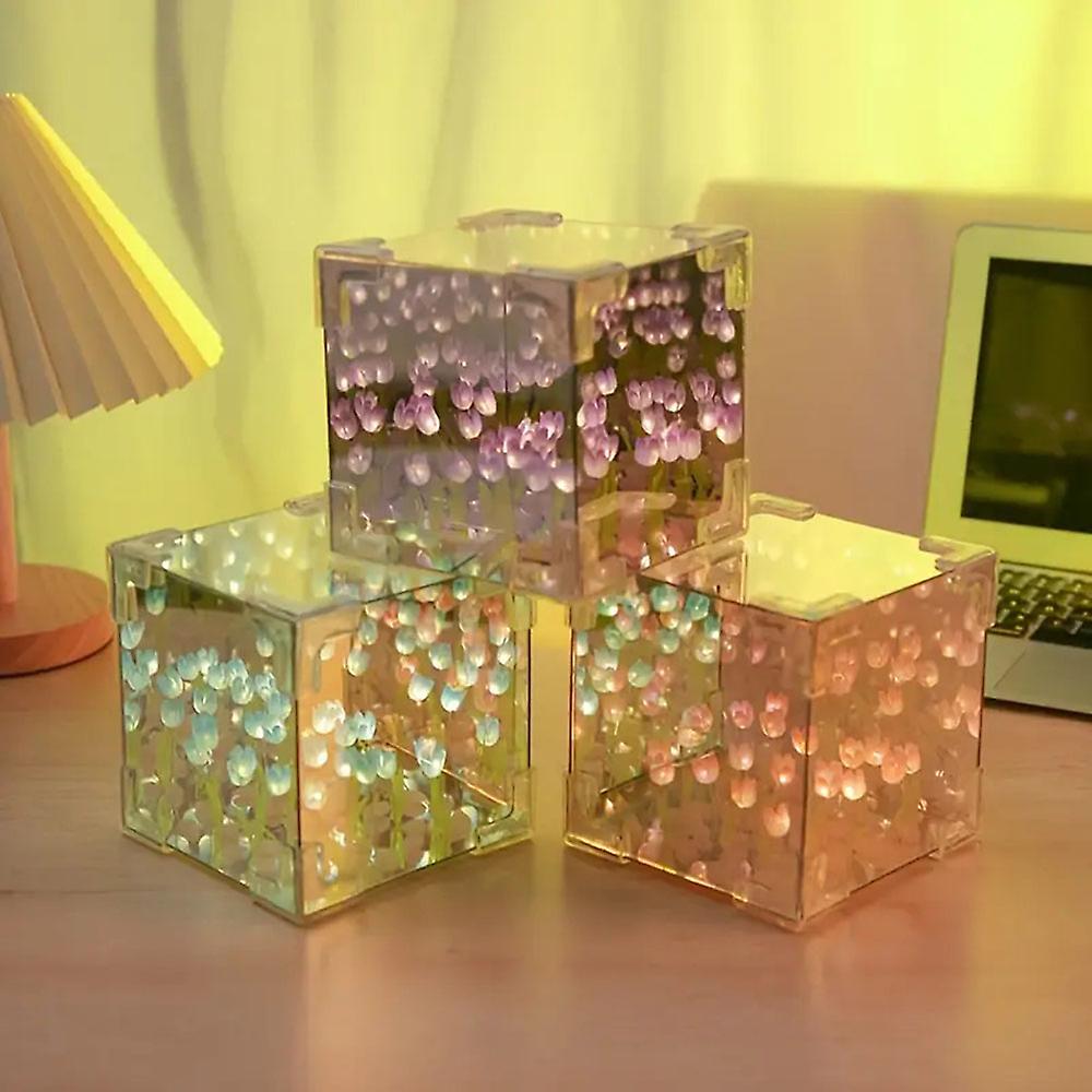 Tulip Night Light lucrat manual DIY Magic Cube Lalele Flower Table Lamp și Mirror 2 in 1, cadouri de ziua de naștere pentru femei și fete
