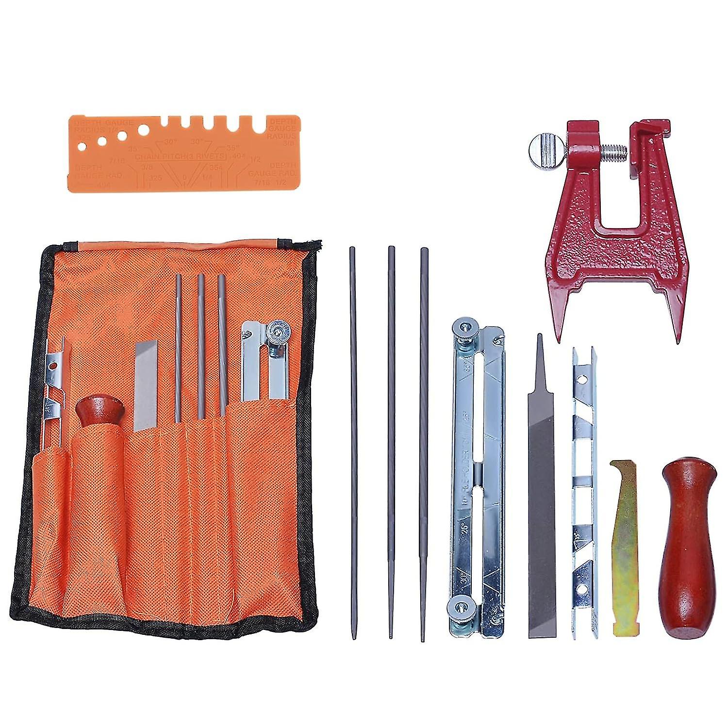 Chainsaw Sharpener File Kit - Include Files, Wood Handle, Depth Gauge, Filing Guide, Tool Pouch & Chainsaw