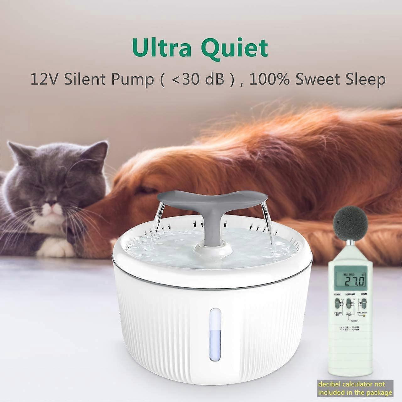 Cat Dog Fountain, 2L Silent Water Fountain for Cats with LED Water Level Window and Activated Carbon Filter