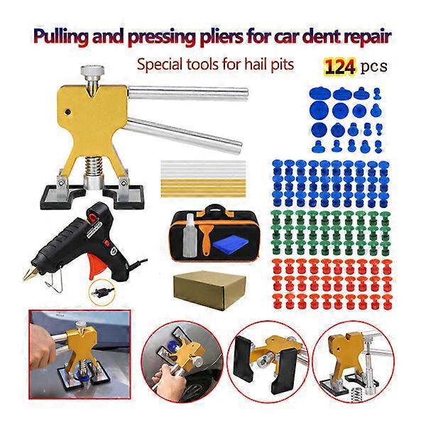 124pcs Auto Dent Puller Kit, Adjustable Width Dent Remover Tools Golden Lifter & Glue Gun for Automobile Body Motorcycle Refrigerator& Small Ding Hail