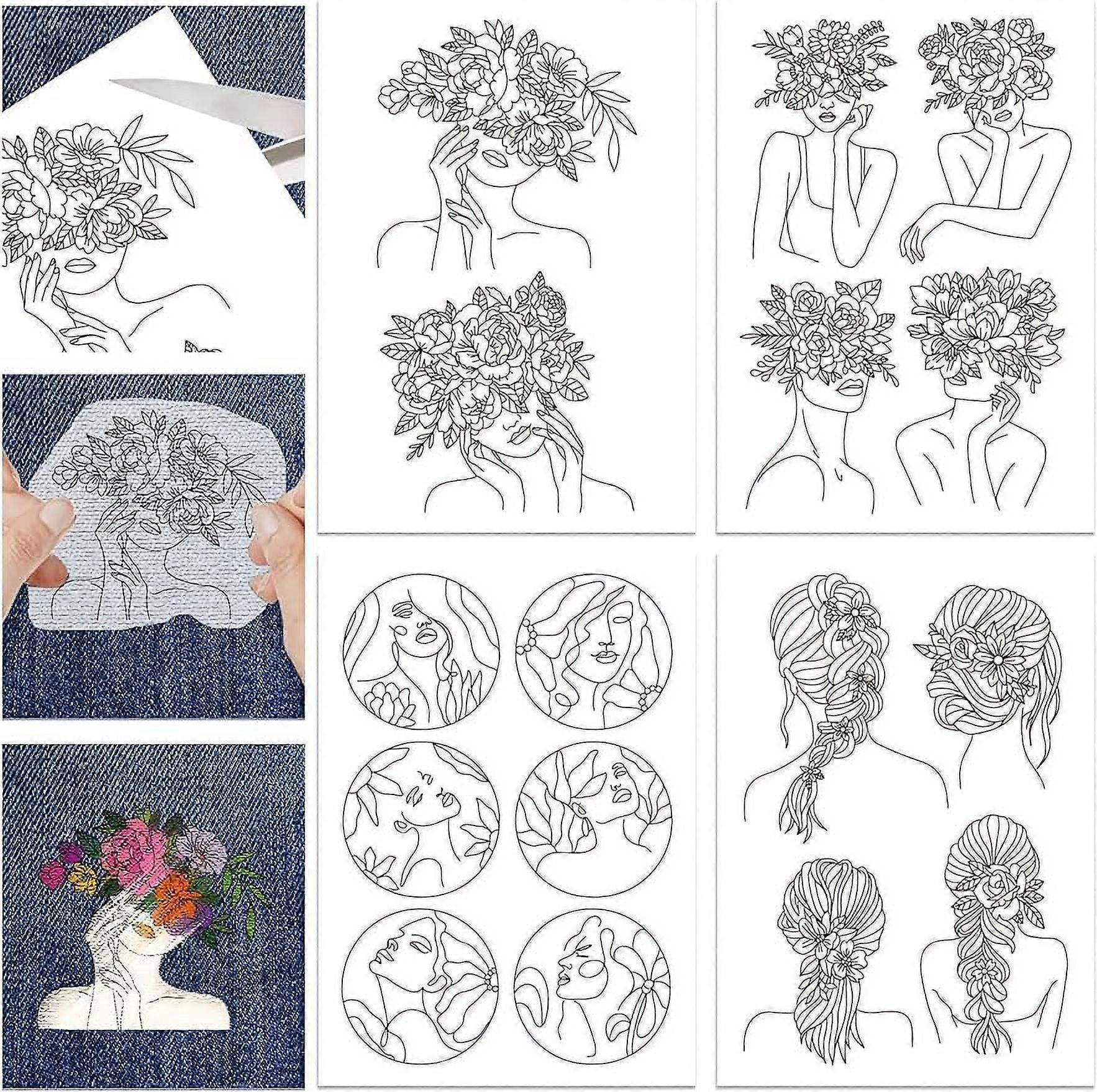 4 Sheets 16Pcs Flower and Lady Water Soluble Stabilizer Hand Sewing Stabilizers with Pre Printed Stick and Stitch Self Adhesive Wash Away Stabilizer f