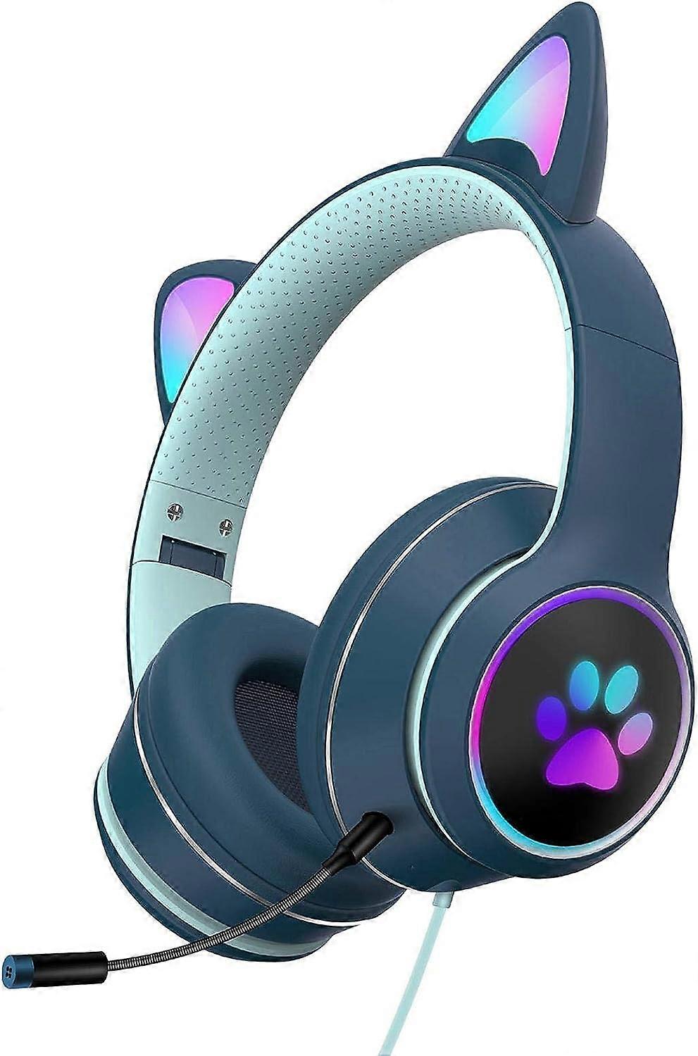 Wired Stereo Headphones with Cat Ears, with Cat LED Light, with Microphone for, Gray Pink
