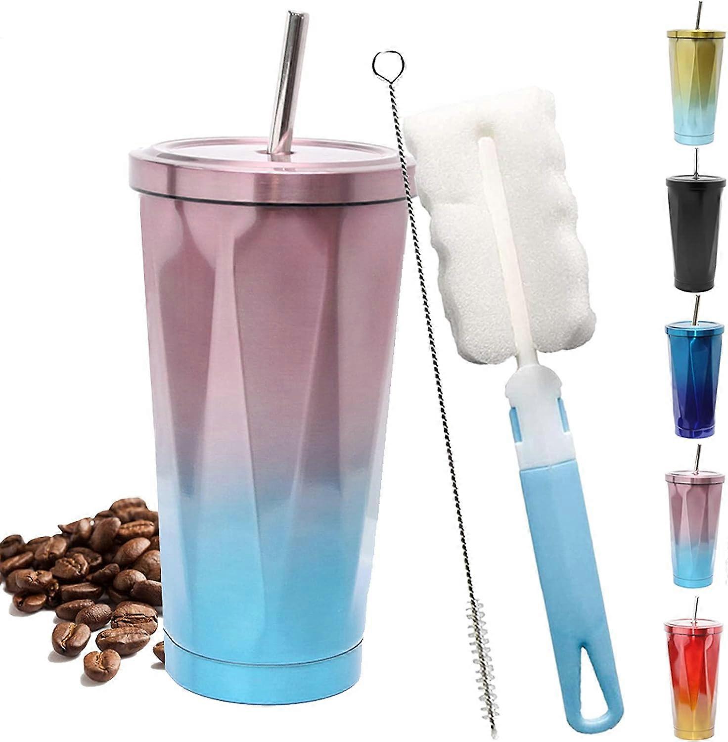 Tasse à café LINJOU avec paille. Isolé sous vide avec 1 brosse de nettoyage et 1 brosse à paille (bleu-violet 500 ml)