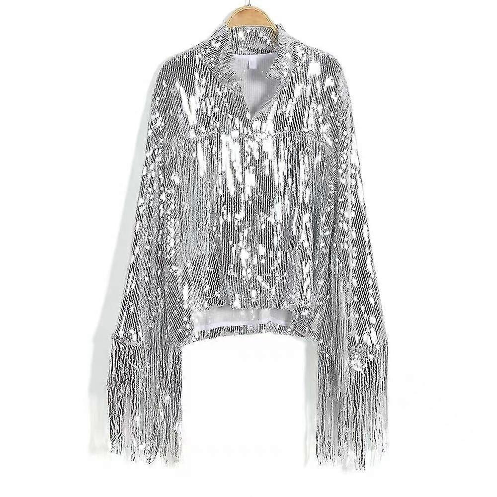 Women's Sequin Jacket With Tassel, Metallic Shiny Cardigan