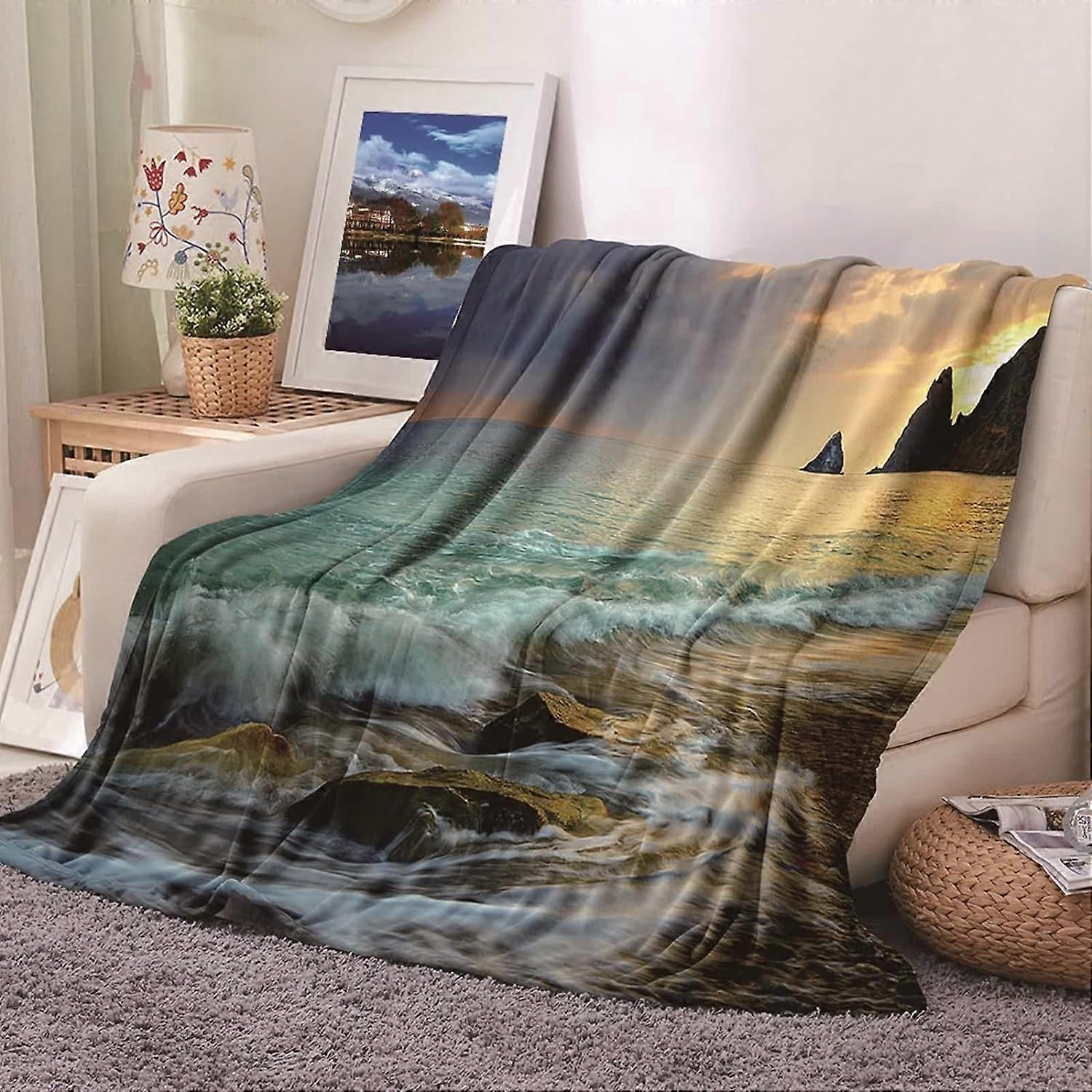 Large Flannel Blanket,Couch Blankets Sea and Beach Pattern Green Brown Big Blankets 150x200cm