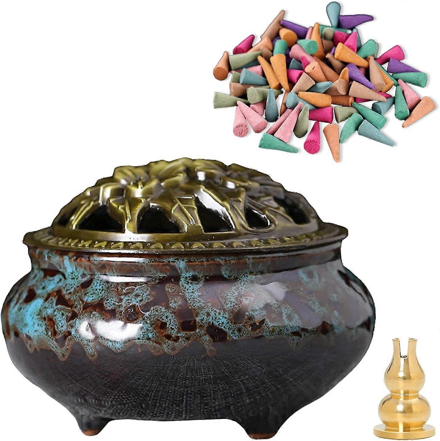 Incense Burner, Ceramic Incense Burner with Lid, Suitable for Incense Cones/Incense Coils/Incense Sticks, 30 Incense Cones + Metal Incense Holder + Fi
