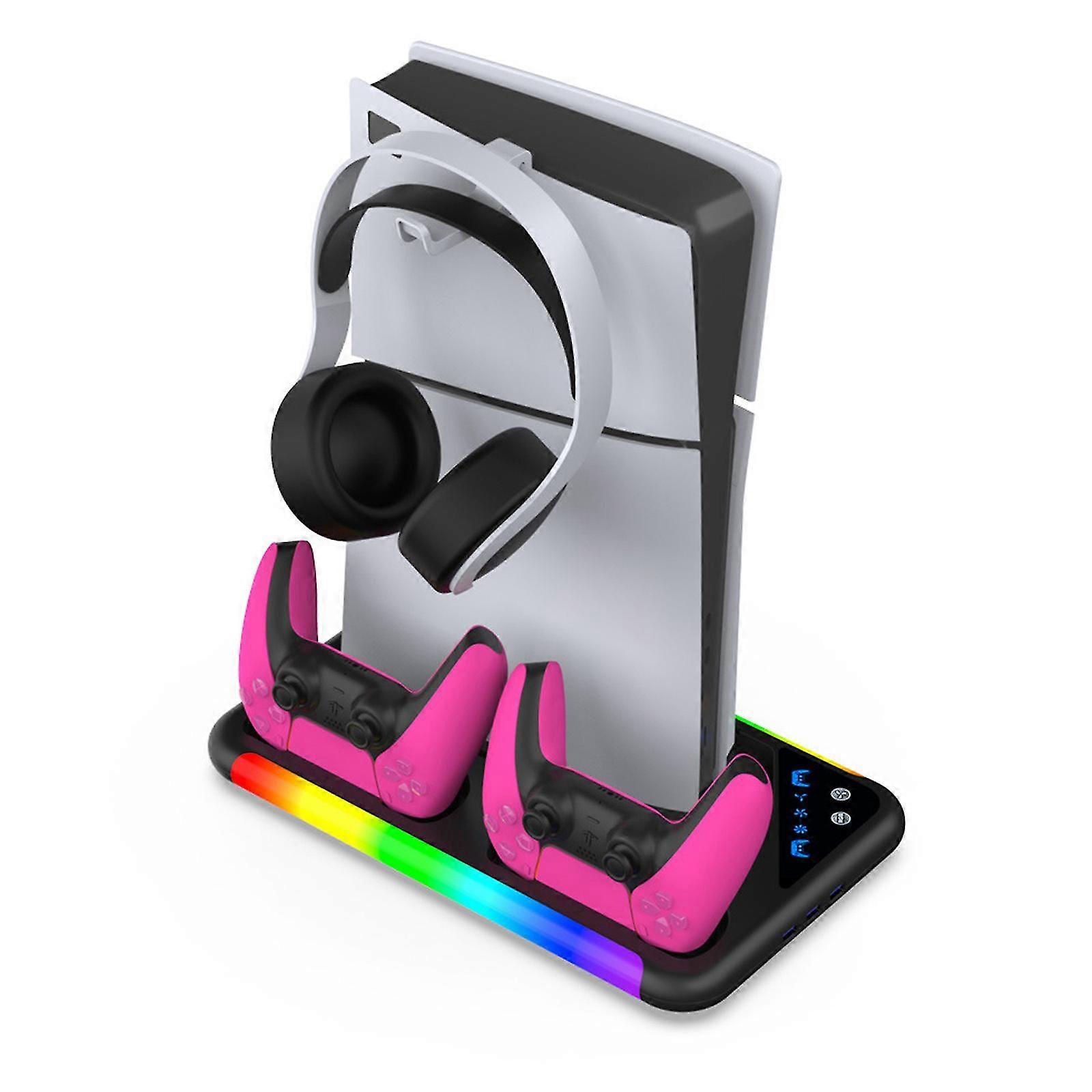 Rgb Cooling Stand For Ps5 & Ps5 Slim, Console Vertical Display Organiser Base Bracket With Dual Ps5 Controller Charger & Headset Holder