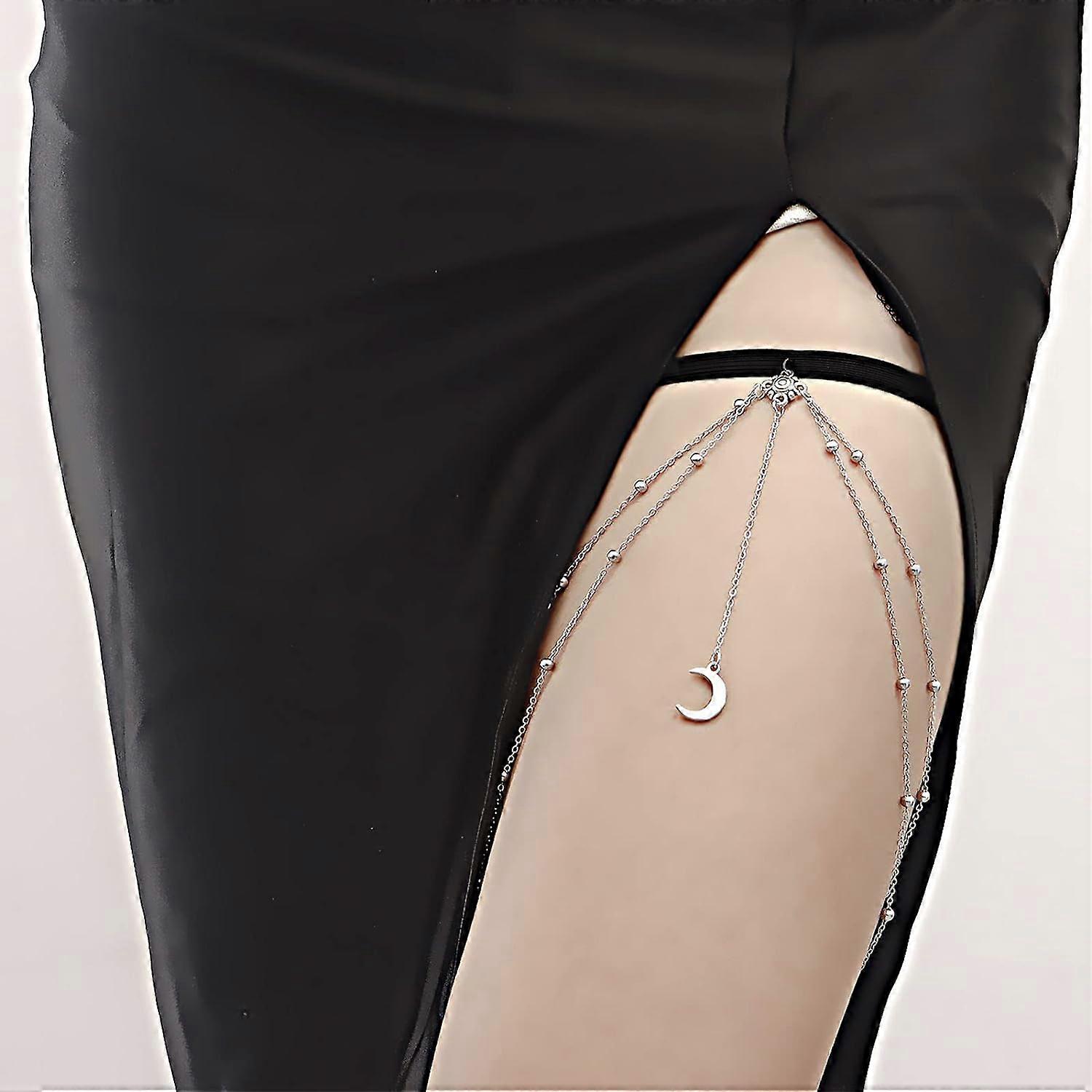 Sexy Moon Thigh Chain Silver Tassel Crescent Moon Pendant Elastic Beads Lay