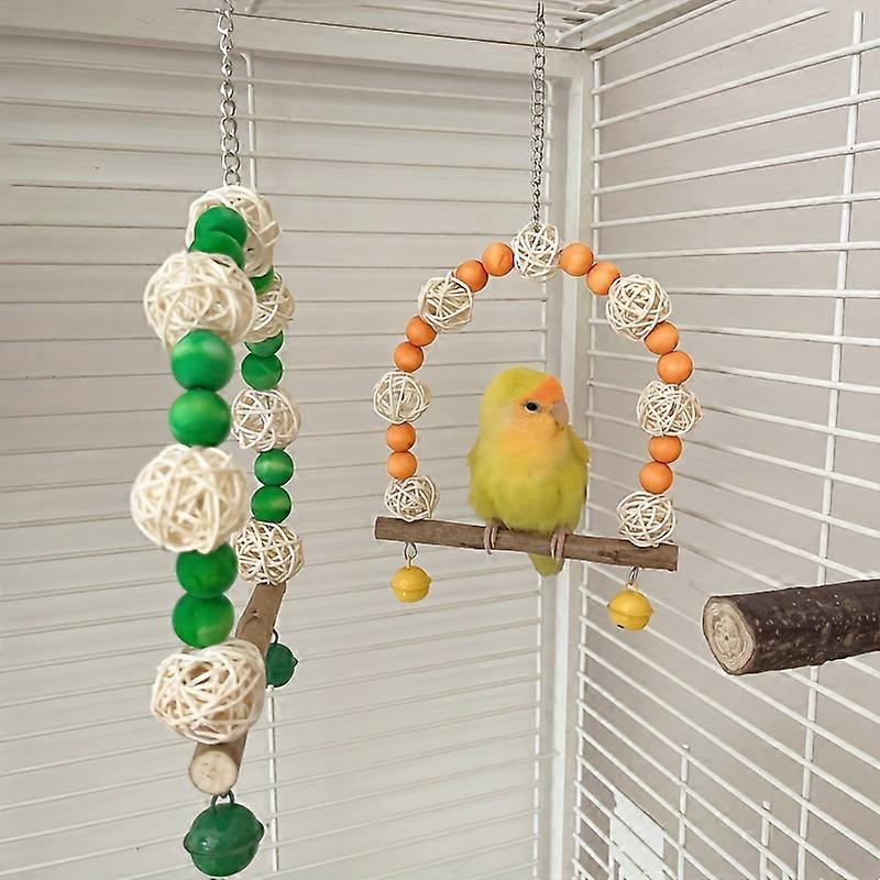 1pc Parrot Swing Toy With Colorful Wooden Beads & Rattan Balls, Natural Wood Perch Stand For Birds, Hanging Chewable Bird Play Gym, Assorted Color