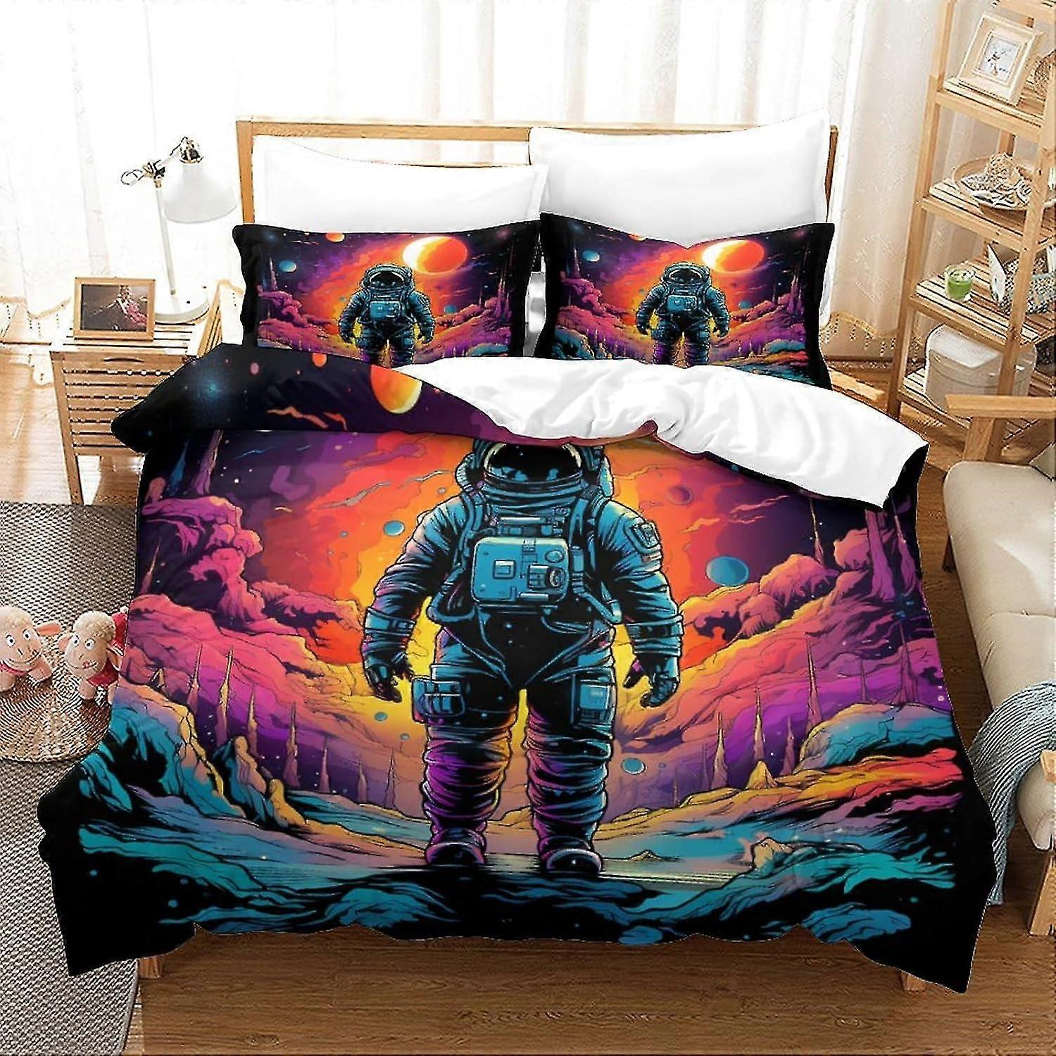 o5052 Lençóis Astronautas Conjuntos de capa de edredão Roupa de cama infantil Capa de colcha leve de impressão 3D macia e respirável com fronha para criança