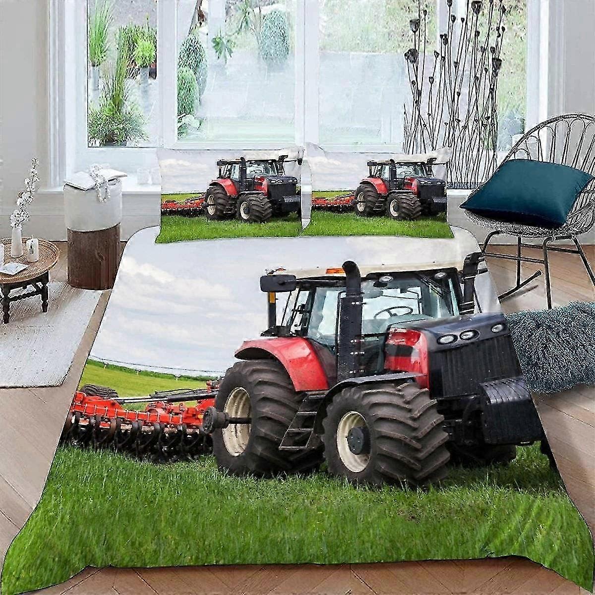 Conjuntos de Cama King Size para Trator 3D J1153 3 Peças Ultra Macio Microfibra Colheitadeira de Fazenda Capa de Edredom com Fecho de Zíper Fácil de Cuidar Qui
