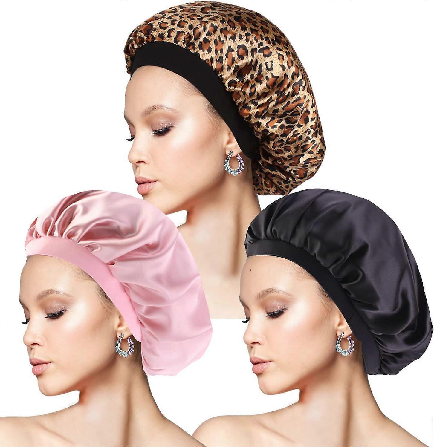 3pcs Satin Bonnet (Black, Pink, Leopard)