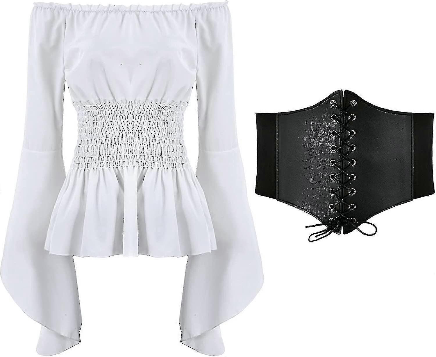 נשים חולצת רנסנס חולצה חולצות מחוך חגורת מותניים מימי הביניים ויקטוריאנית מחוץ לכתף שרוול ארוך חולצה פיראט תלבושות קוספליי