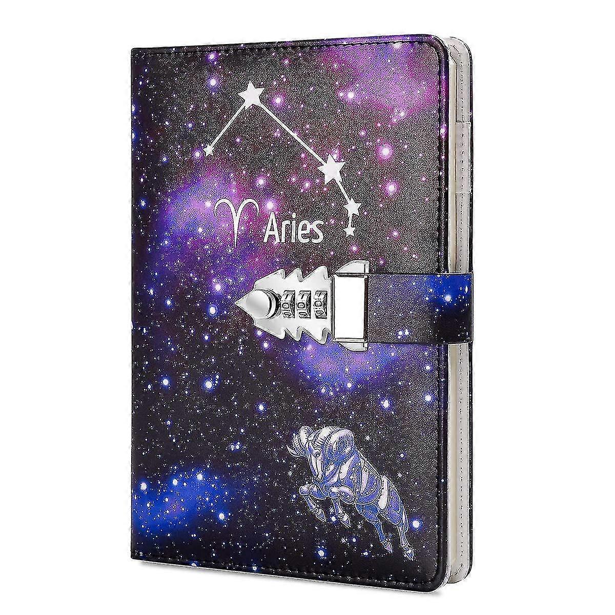 A5 Creative Password Lock Journal Pu Leather Combination Lock Diary Locking Notepad (aries)