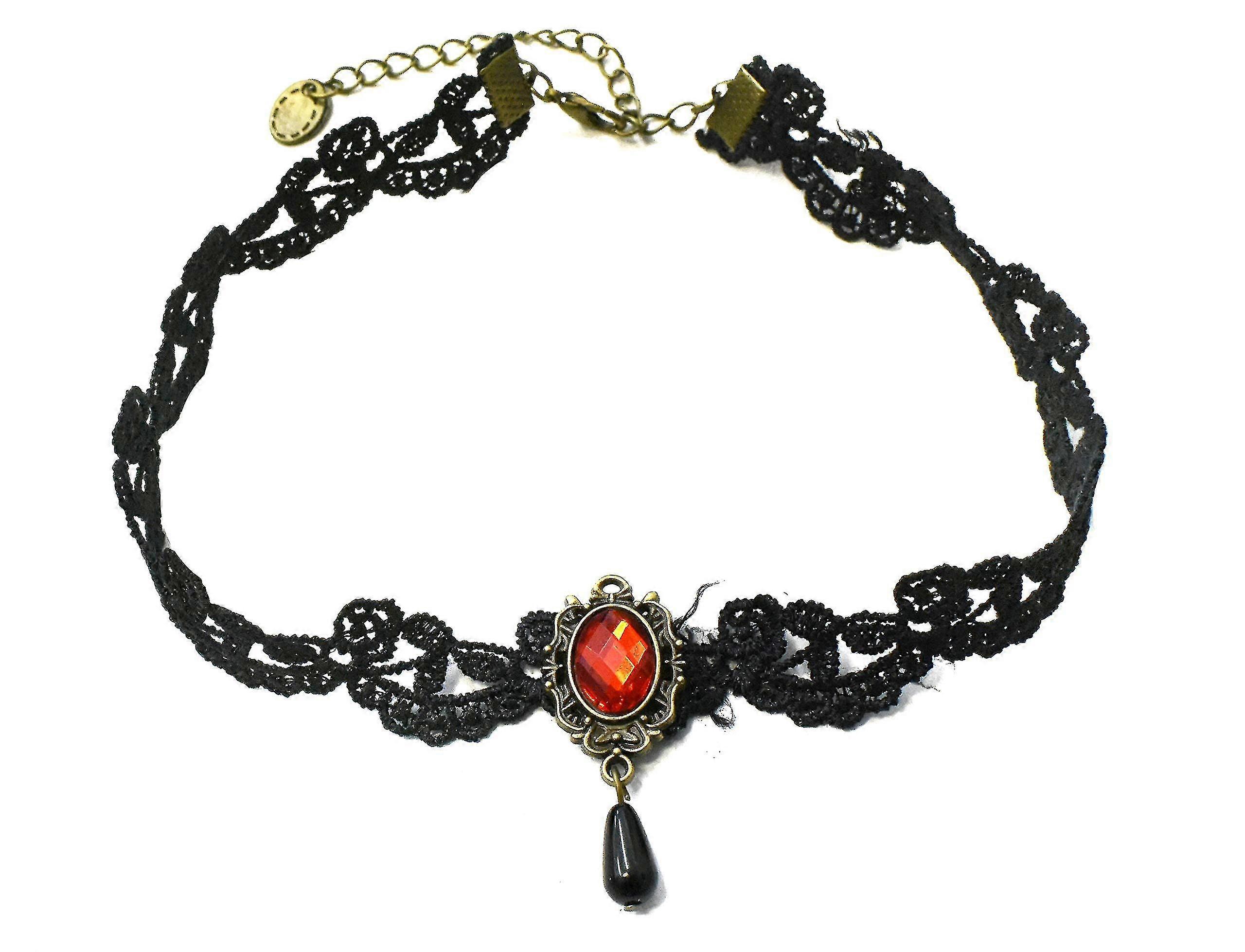 Gothic Black Lace Bib Tiny Gem colier Guler Choker Halloween Vampire (rosu)