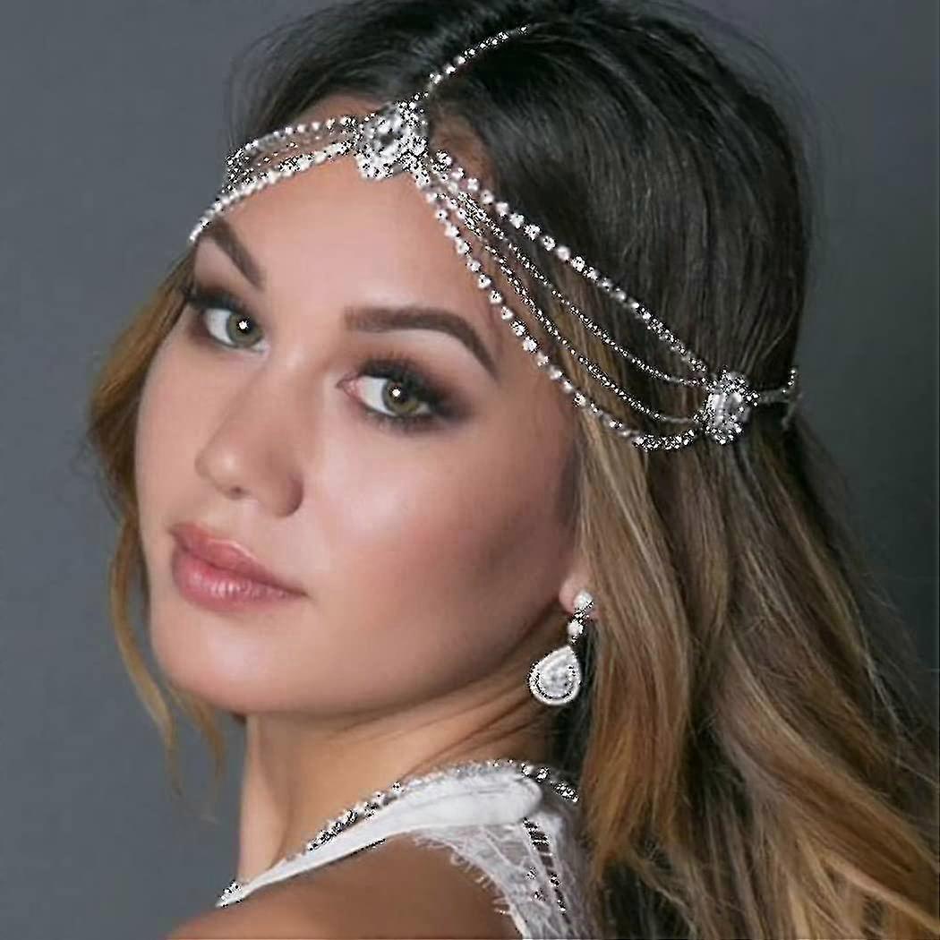Crystal Bridal Head Chain Silver Layered Bride Headpiece Tassel