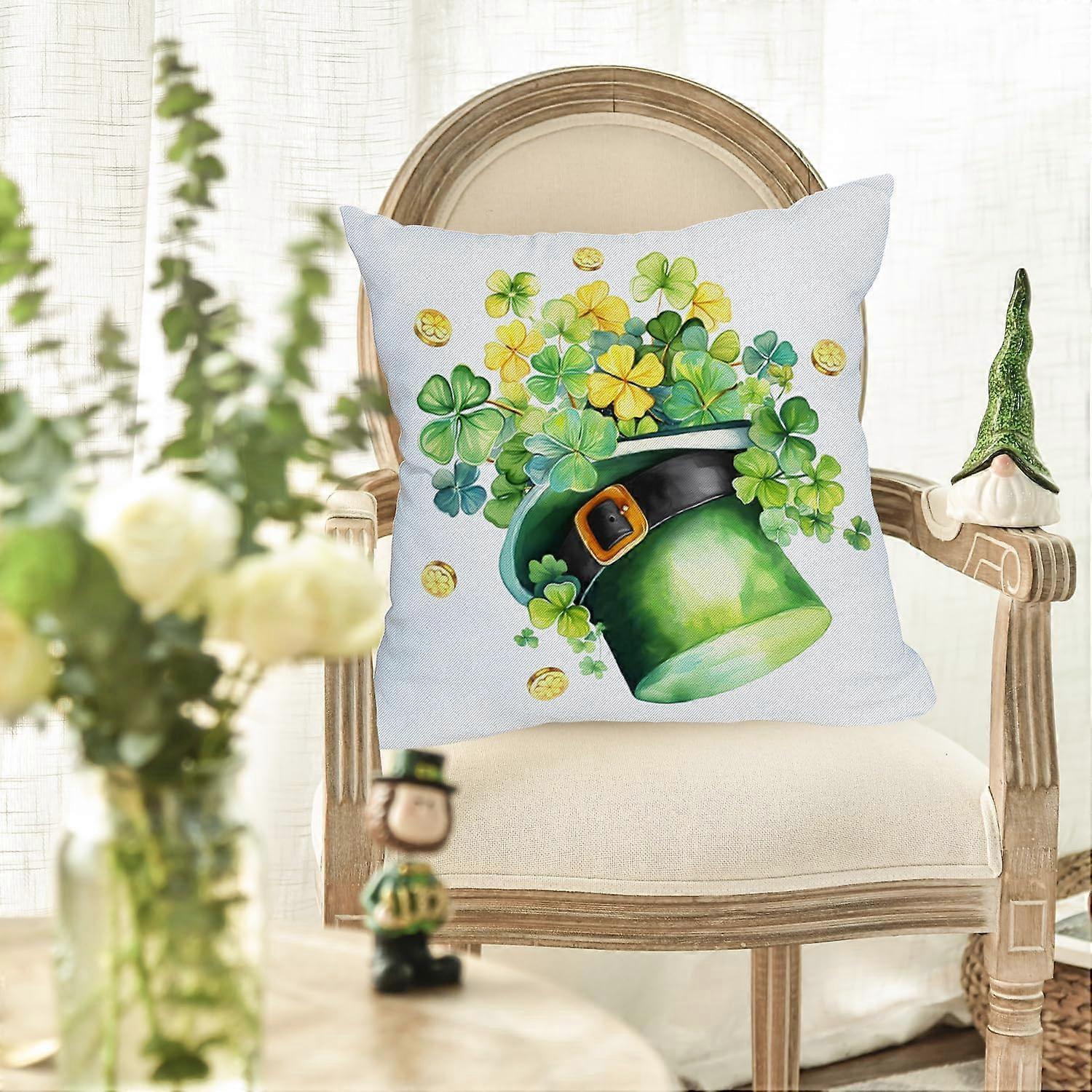 Dış Mekan Su Geçirmez Aziz Patrick Günü Bahar Yastık Kılıfları 16x16 İnç Çift Taraflı Yeşil Yoncalar Şanslı Yonca İrlanda Şapkası Altın Paralar Yastık Atma Cus